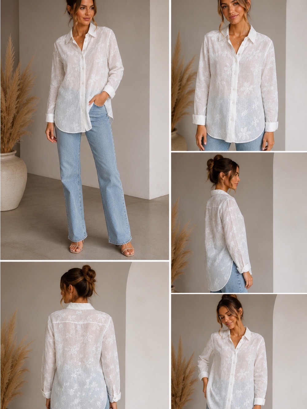 French Laundry Linen Silk Embroidered Sheer Floral Button Front Shirt 1X